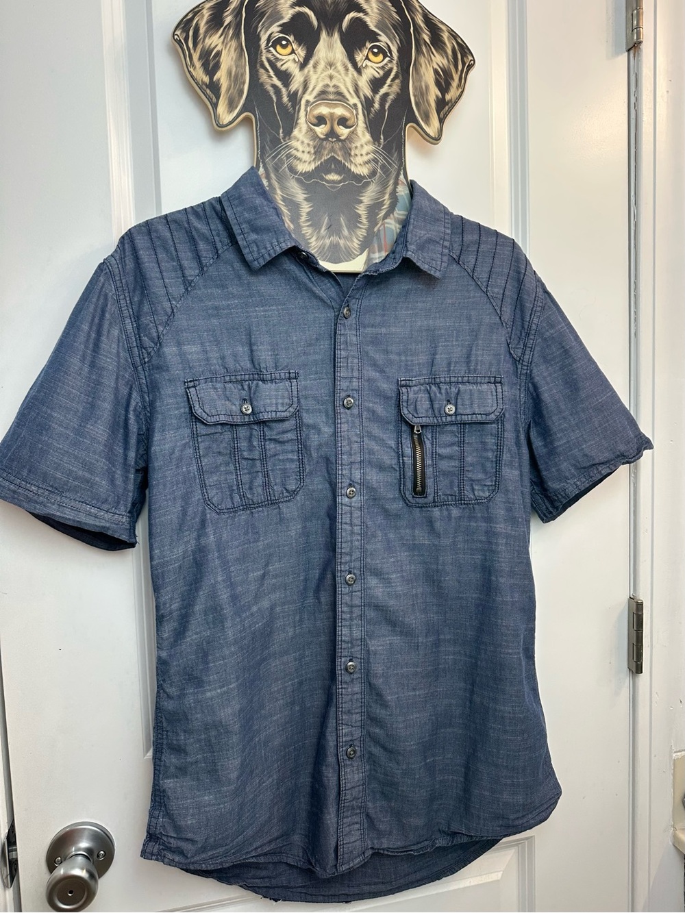 Rock & Republic Men's Short Sleeve Denim Button-Up Shirt Chambray & zipper